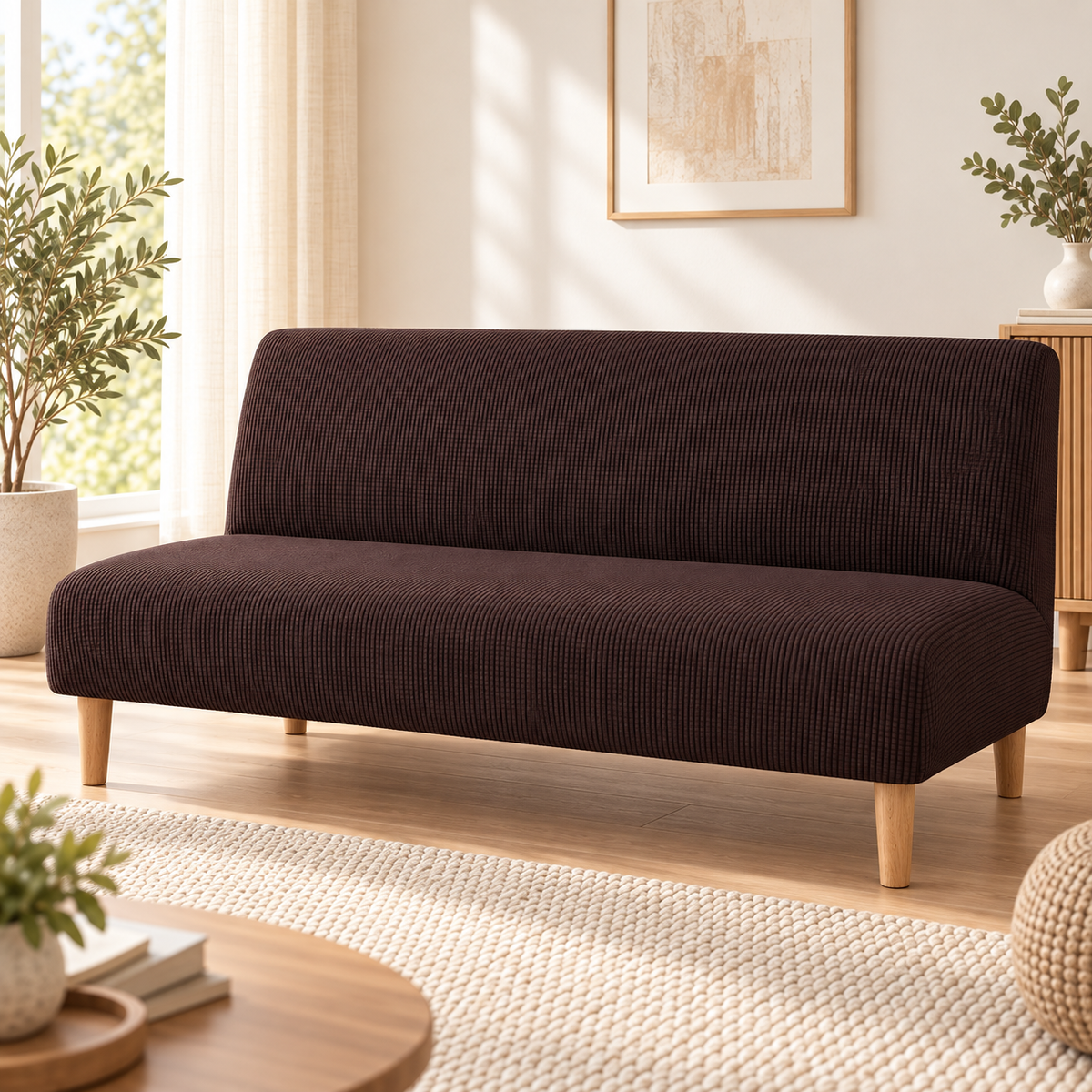 Espresso sofa bed cover fitted on an armless sofa bed in upright position in a sunlit living room