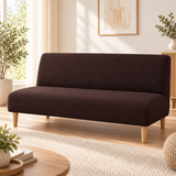 Espresso sofa bed cover fitted on an armless sofa bed in upright position in a sunlit living room