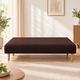 Espresso sofa bed cover on a sofa bed folded flat in bed position