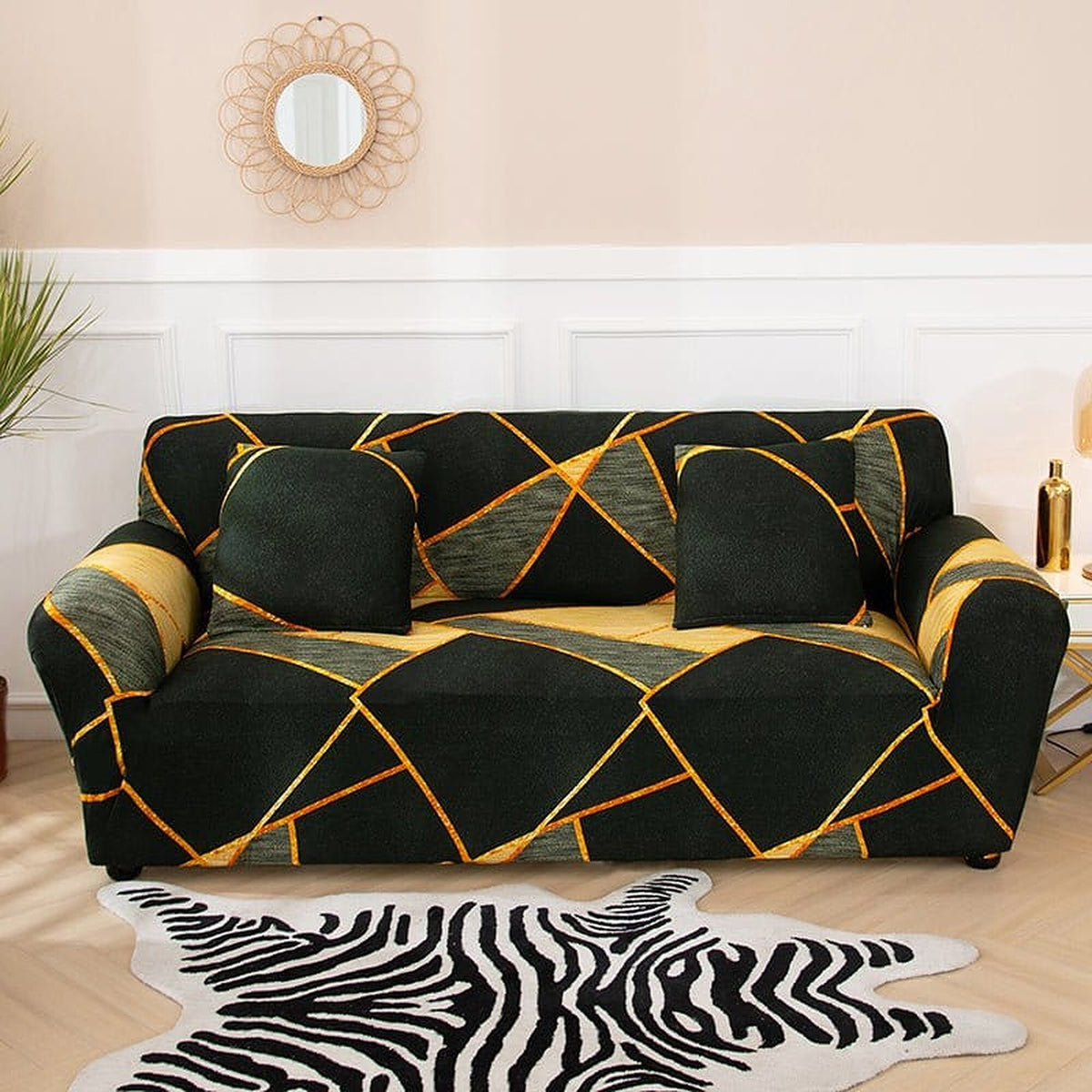 Sofa Cover – Geometric Gold – Ink Black