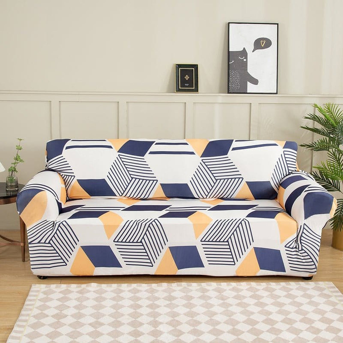 Sofa Cover – Geometric Harlequin – Stormy Blue