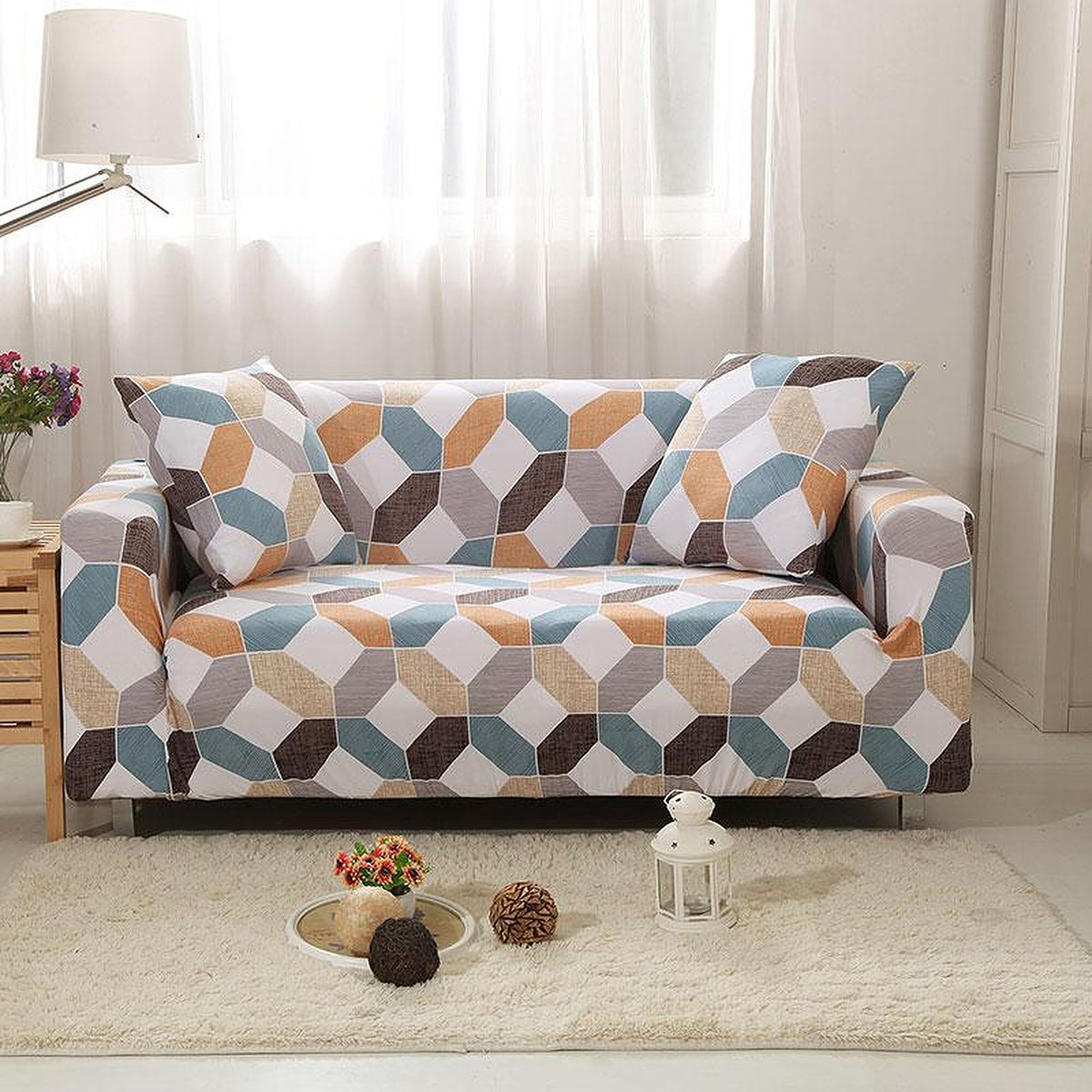 Sofa Cover – Geometric Hexagon – Bouclé Sand