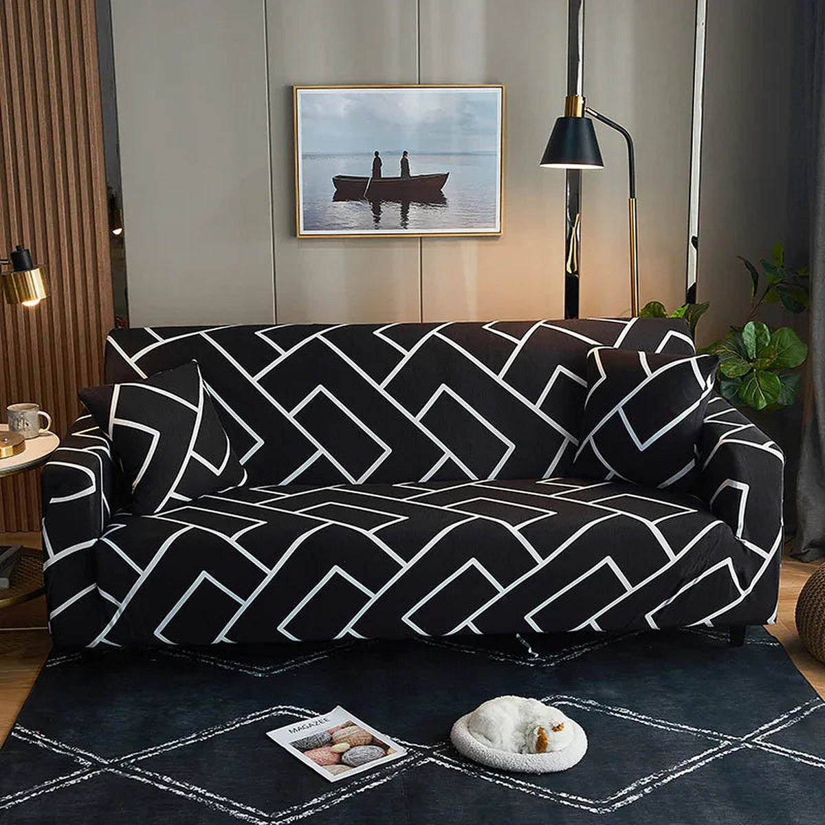 Sofa Cover – Geometric Maze – Ink Black