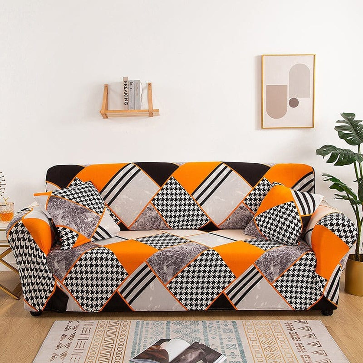 Sofa Cover – Geometric Patchwork – Terracotta