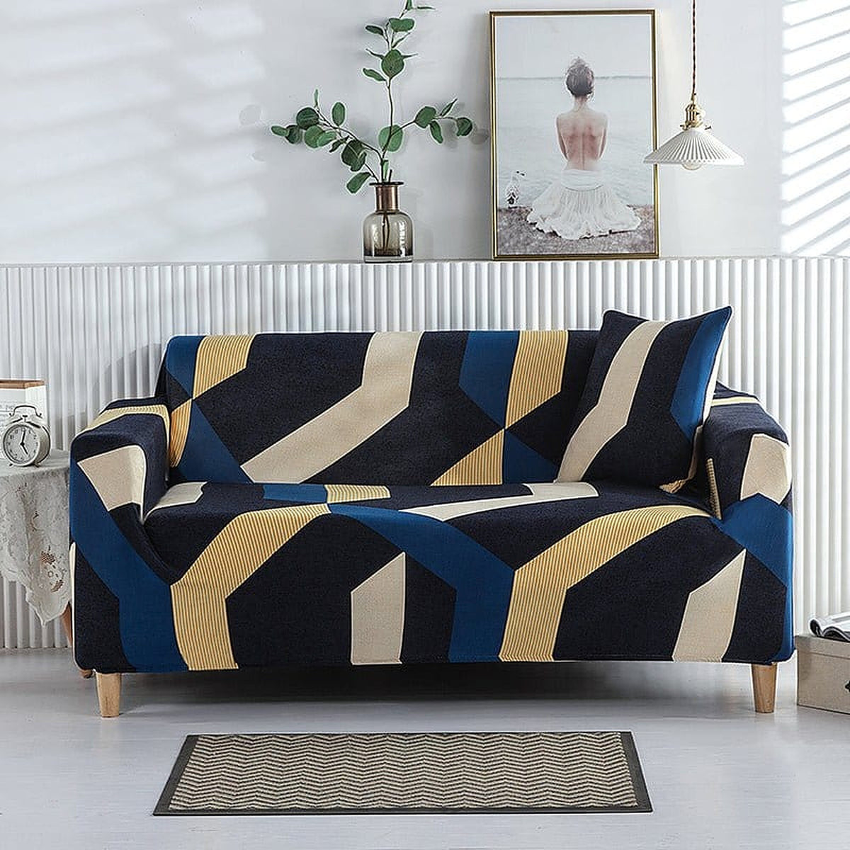 Sofa Cover – Geometric Stripes – Midnight Navy