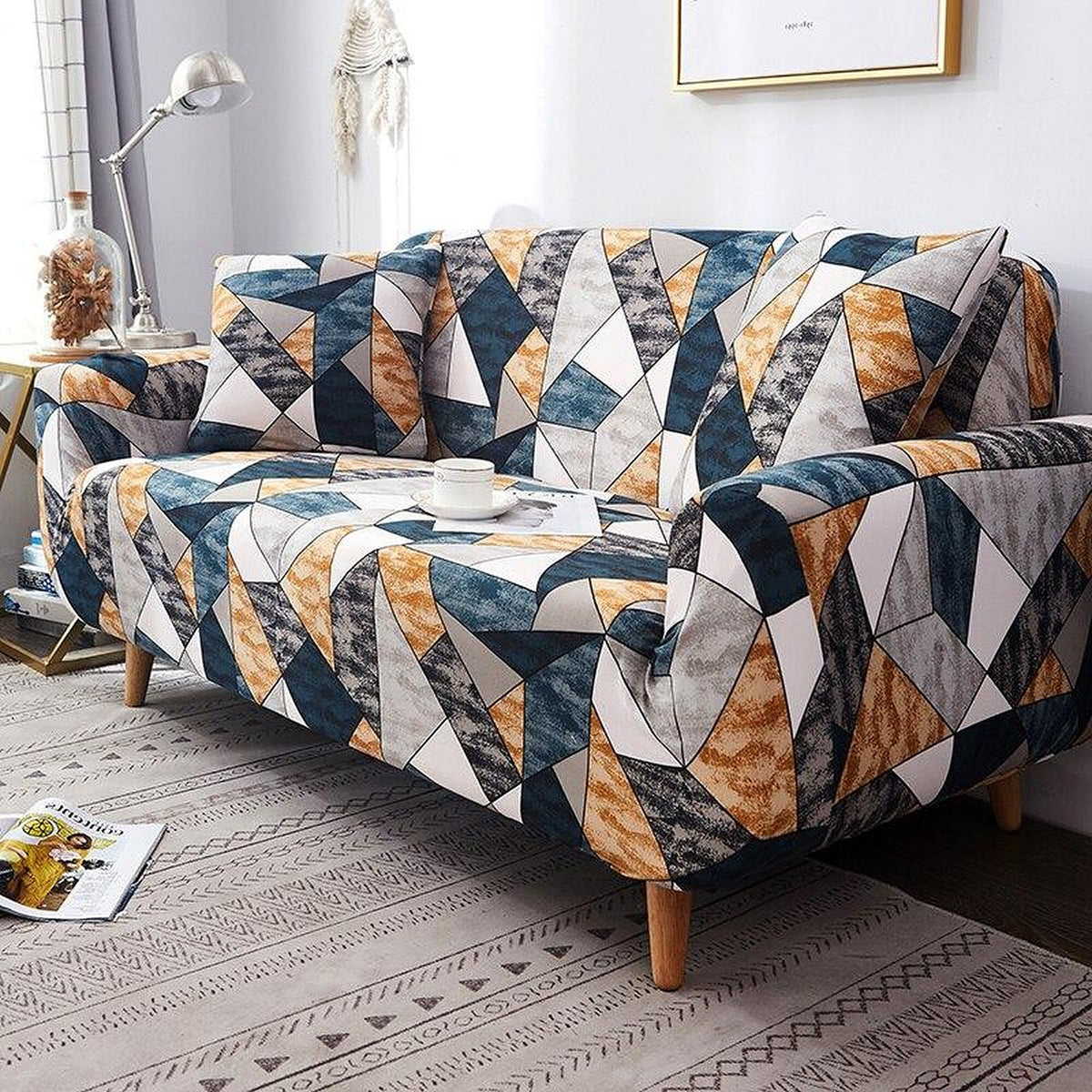 Sofa Cover – Geometric Triangles – Bouclé Sand