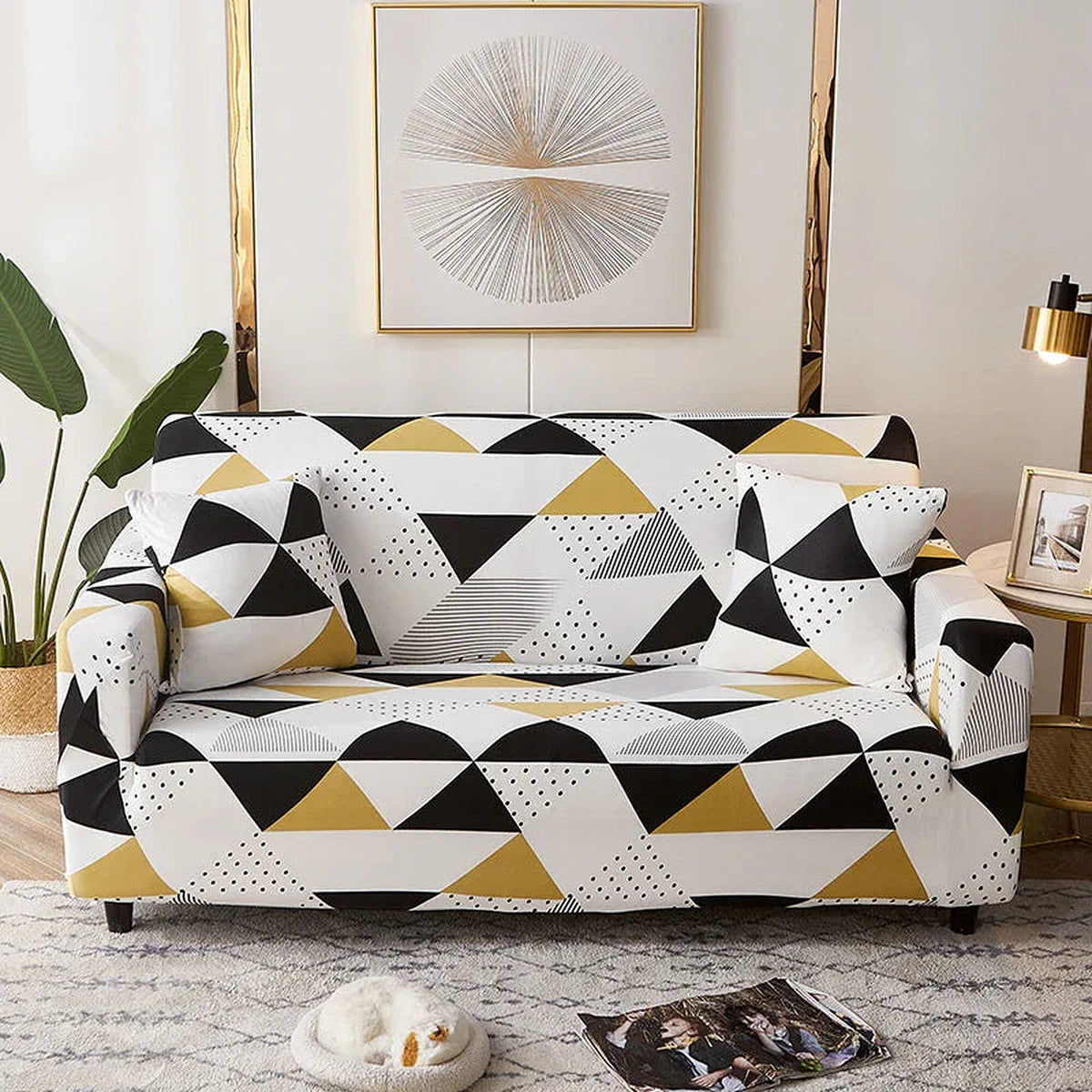 Sofa Cover – Geometric Triangles – Pearl White