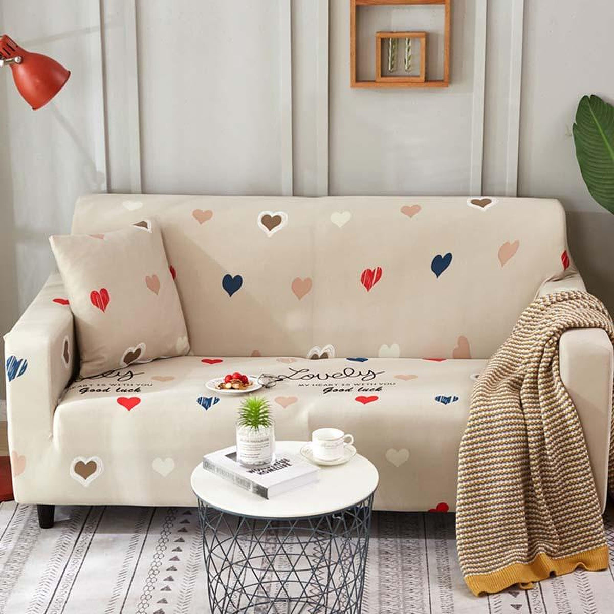 Sofa Cover – Heart Print – Ivory Cream