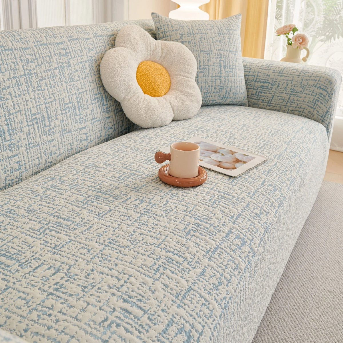 Stormy Blue Jacquard sofa cover, woven texture in close-up