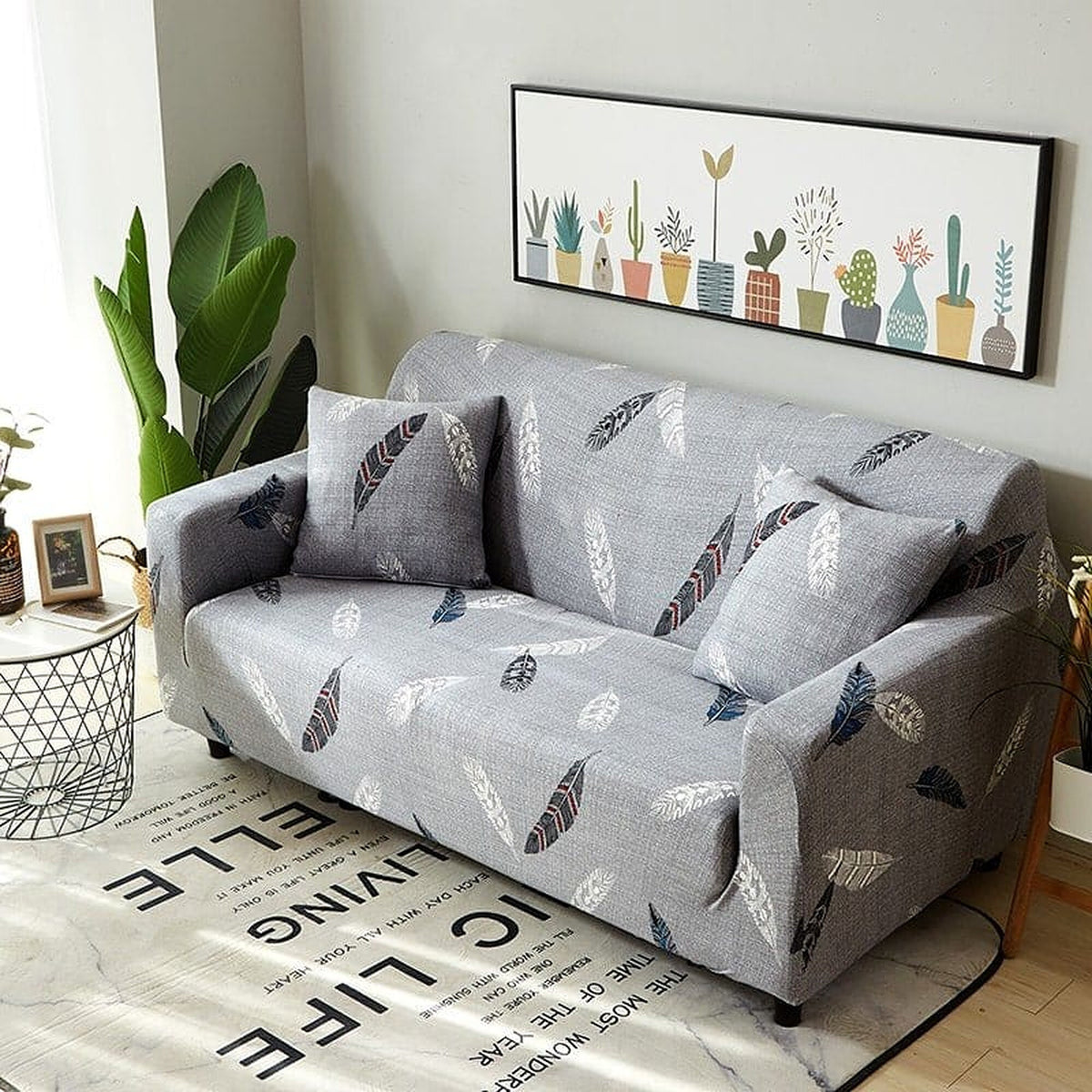 Sofa Cover – Feather Sketch – Pearl Grey