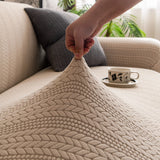 Khaki Pinstripe Knit sofa cover styled with cushions on a low-back sofa, view 2