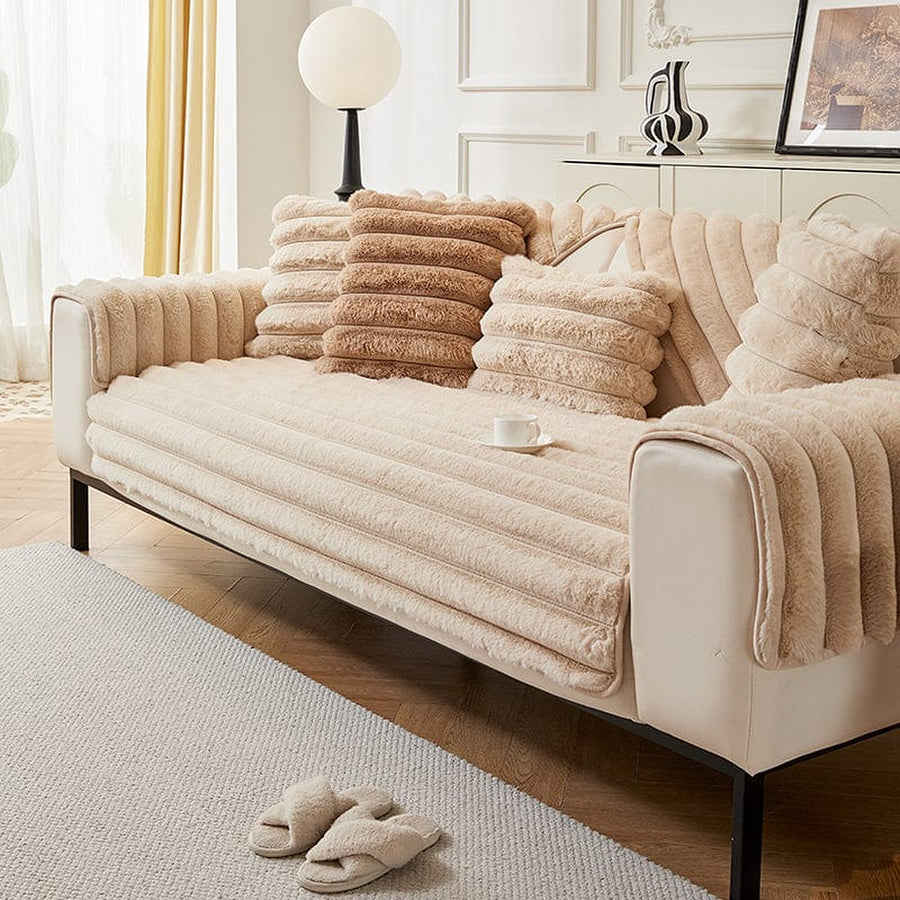 Non-Slip Sofa Cover – Pinstripe Knit – Bouclé Sand