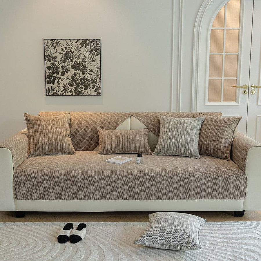 Non-Slip Sofa Cover – Striped Weave – Bouclé Sand
