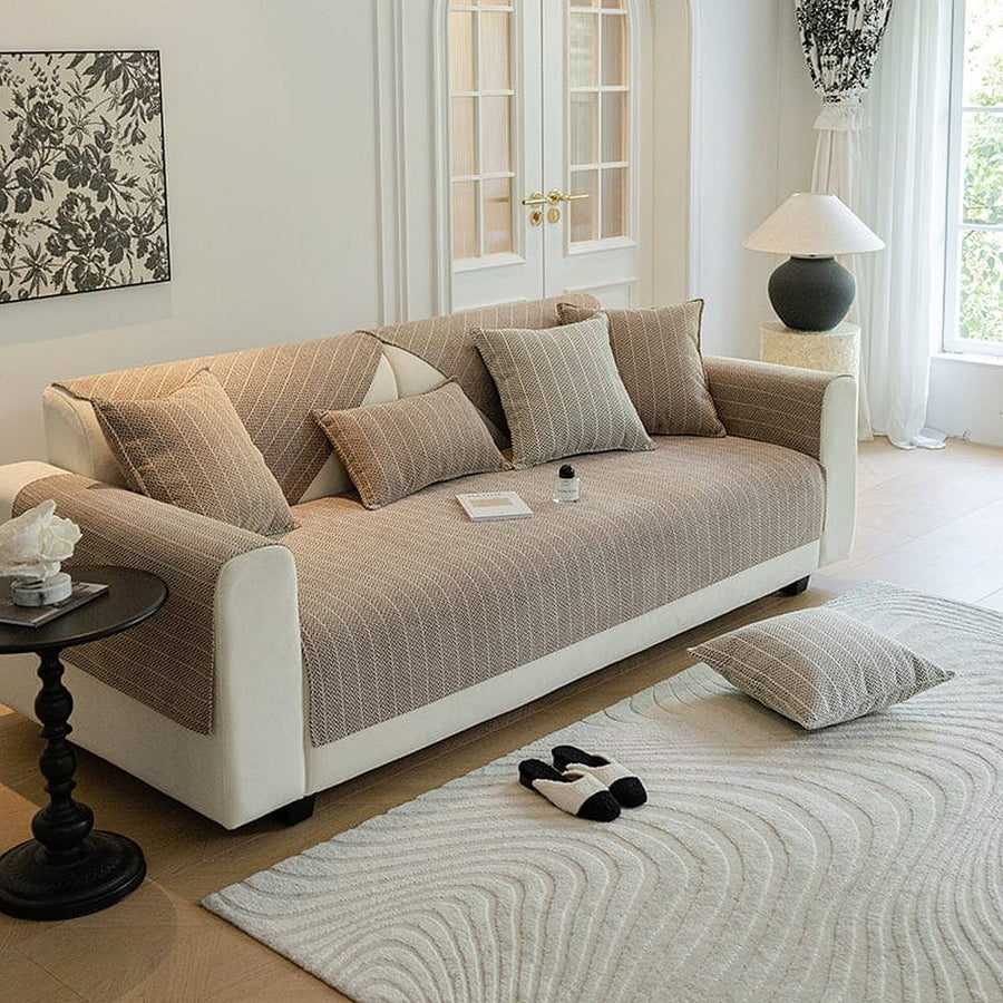Non-Slip Sofa Cover – Striped Weave – Bouclé Sand