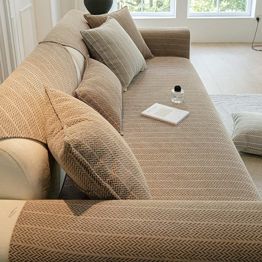 Non-Slip Sofa Cover – Striped Weave – Bouclé Sand