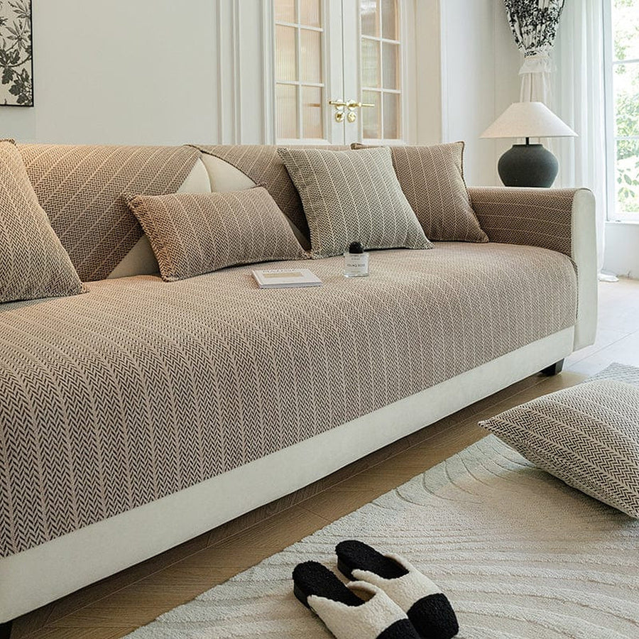 Non-Slip Sofa Cover – Striped Weave – Bouclé Sand