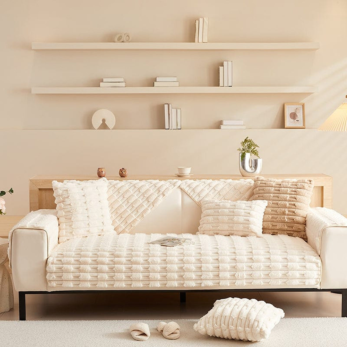 Non-Slip Sofa Cover – Quilted Waffle – Ivory Cream