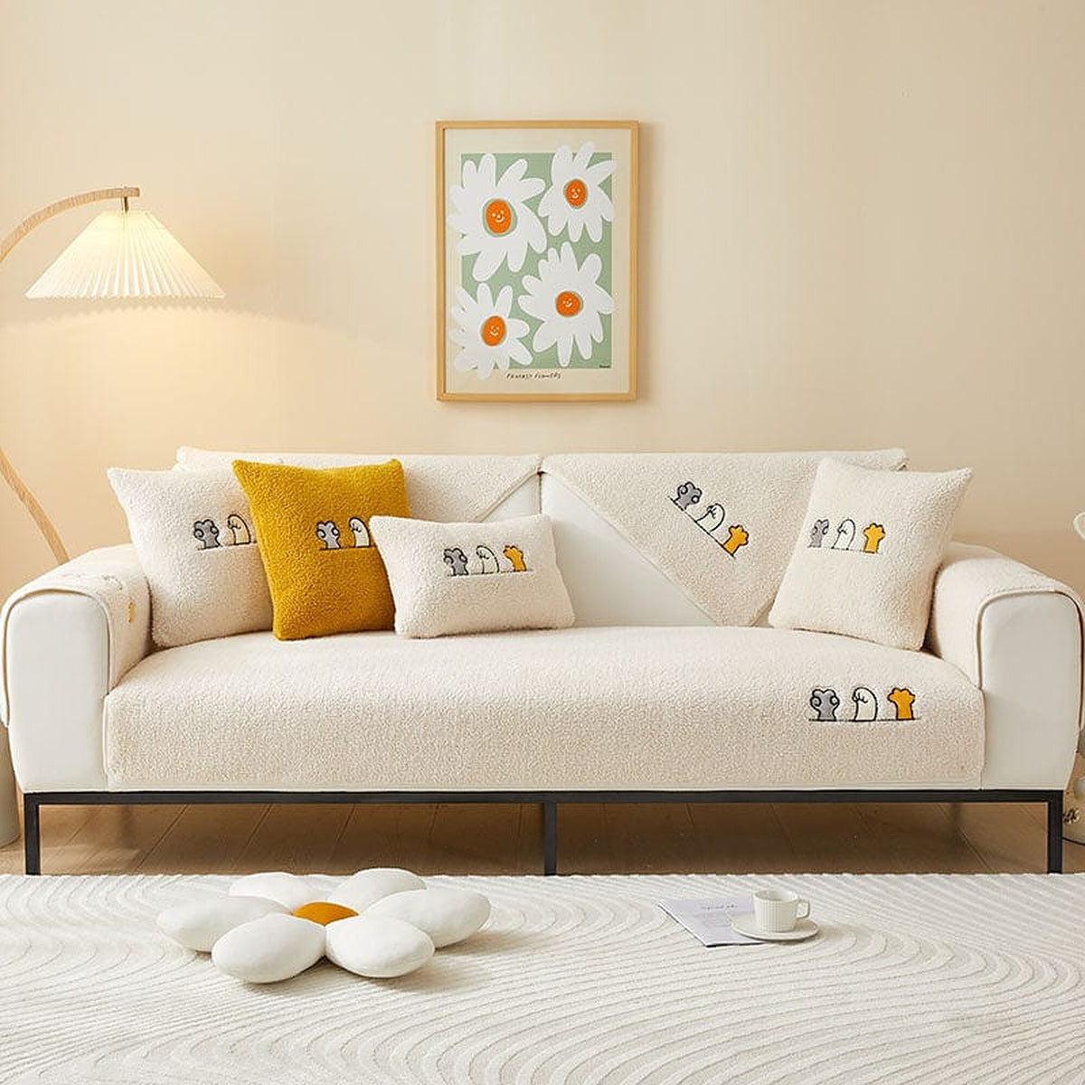 Non-Slip Sofa Cover – Floral Embroidered – Ivory Cream
