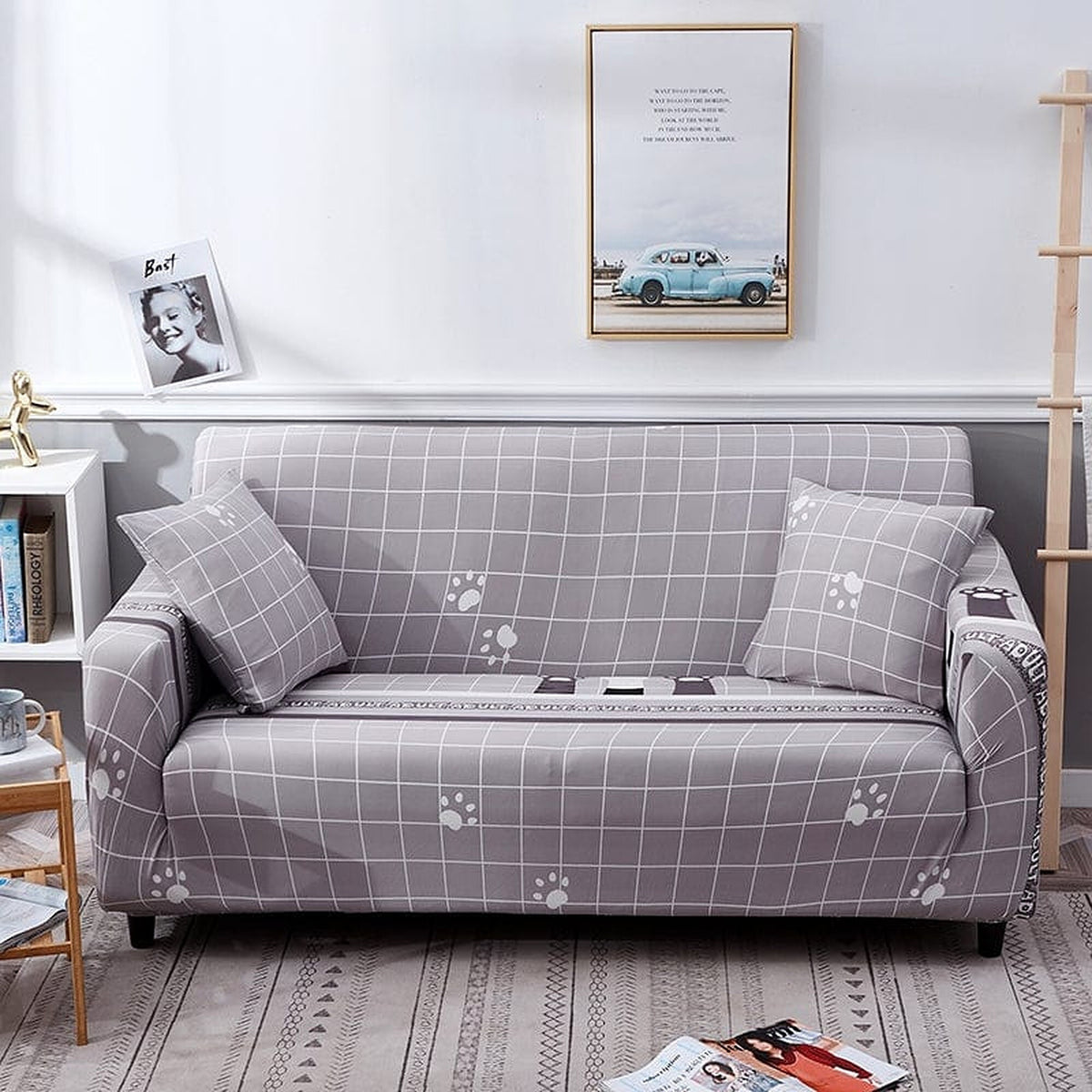 Sofa Cover – Geometric Grid – Pearl Grey