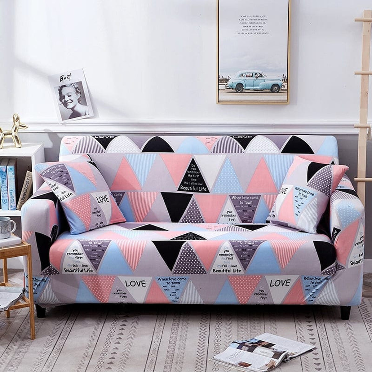 Sofa Cover – Geometric Triangles – Soft Blush