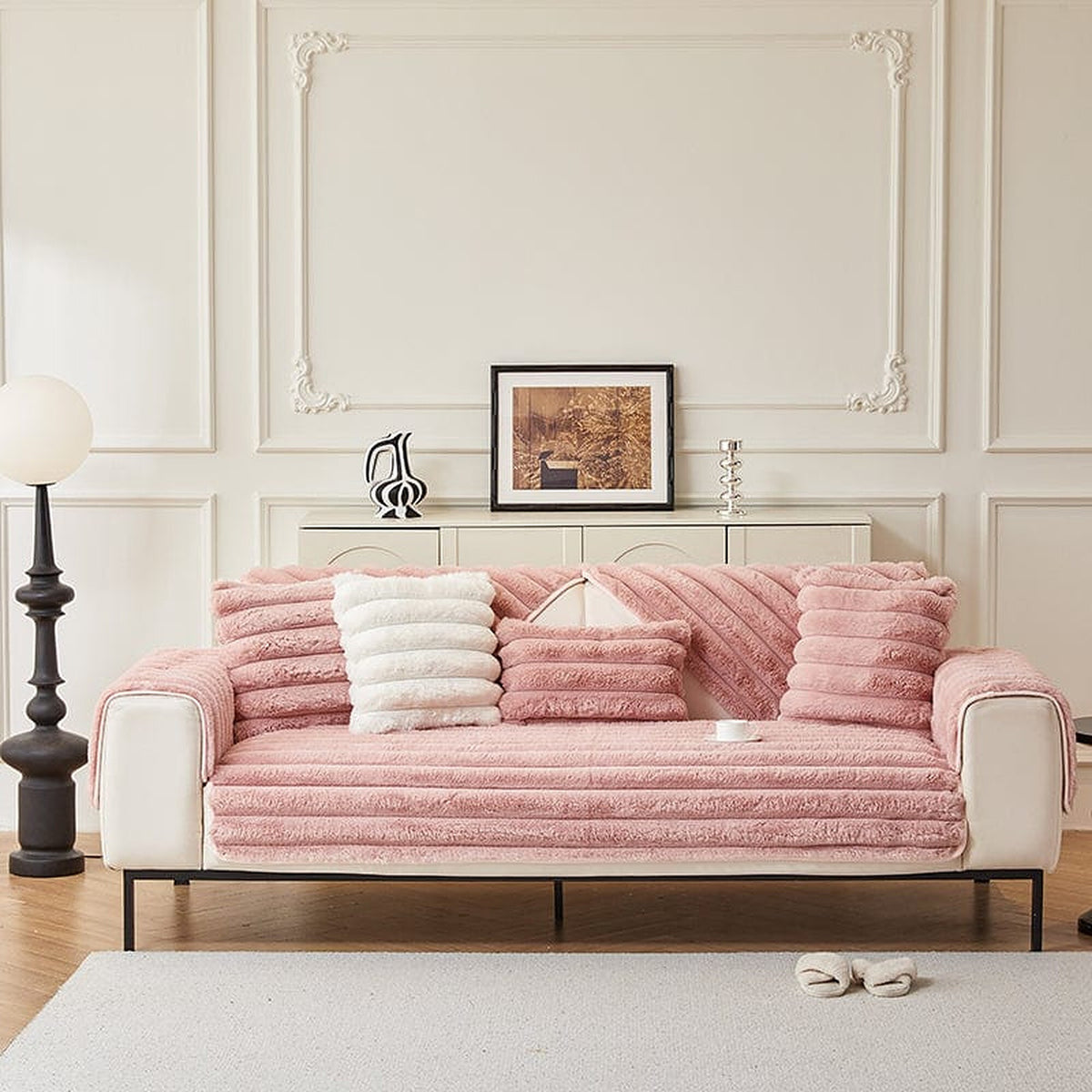 Non-Slip Sofa Cover – Velvet Ribbed – Soft Blush
