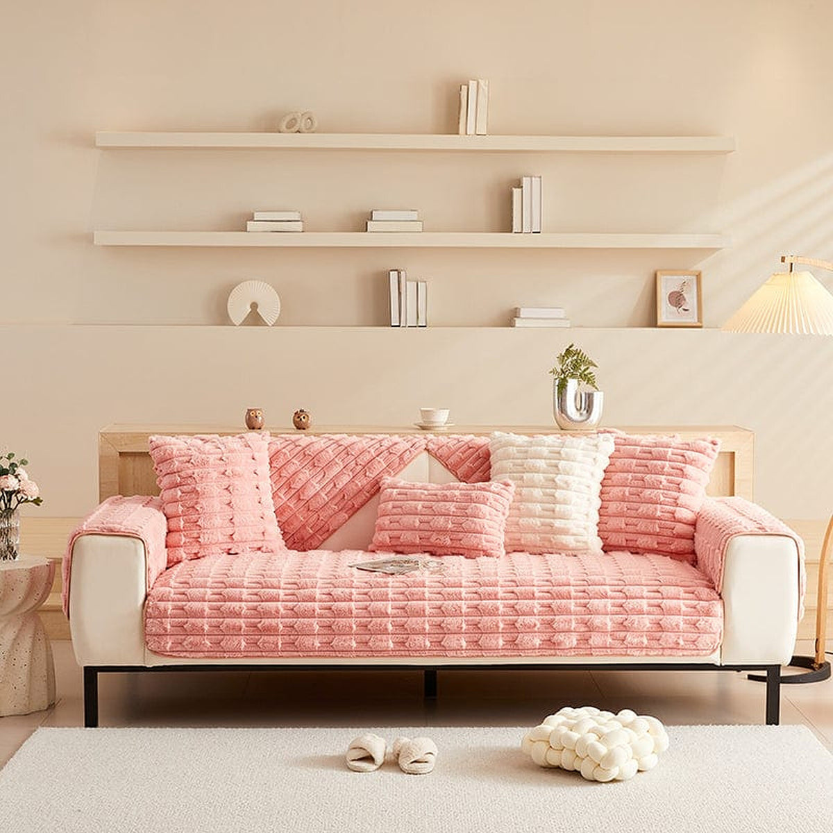 Non-Slip Sofa Cover – Quilted Brick – Soft Blush