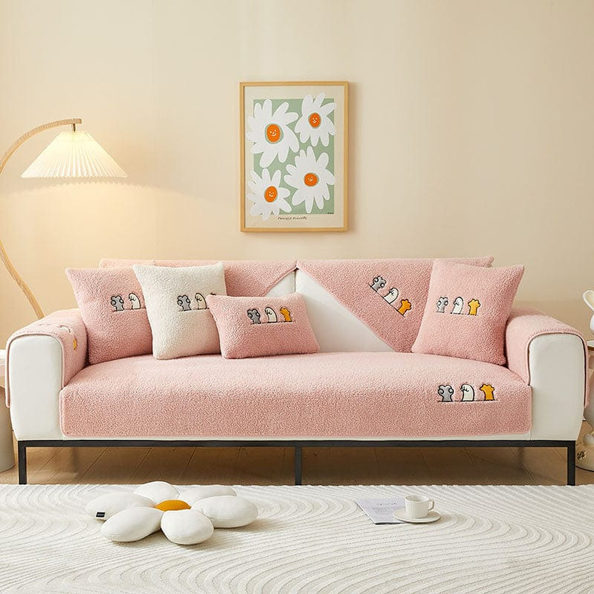 Non-Slip Sofa Cover – Embroidered Print – Soft Blush