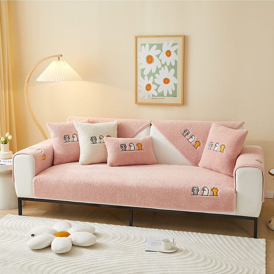 Non-Slip Sofa Cover – Embroidered Print – Soft Blush