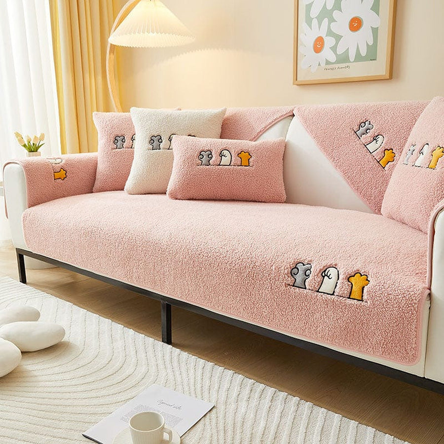 Non-Slip Sofa Cover – Embroidered Print – Soft Blush