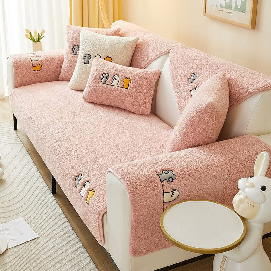 Non-Slip Sofa Cover – Embroidered Print – Soft Blush