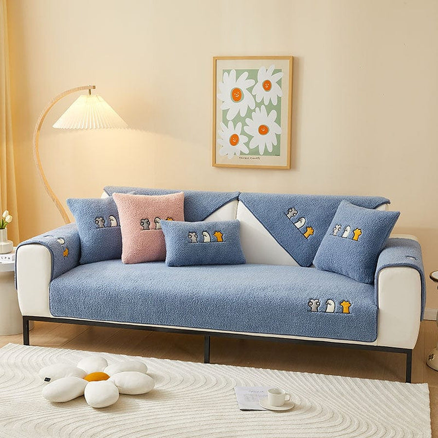 Non-Slip Sofa Cover – Embroidered Print – Stormy Blue