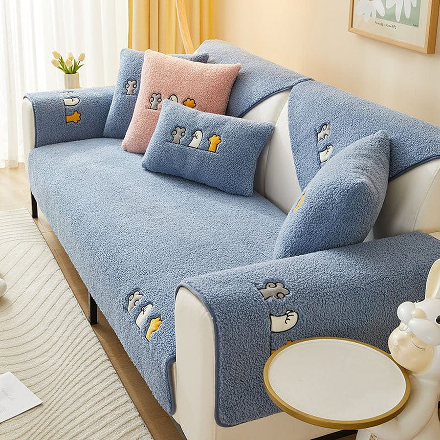 Non-Slip Sofa Cover – Embroidered Print – Stormy Blue