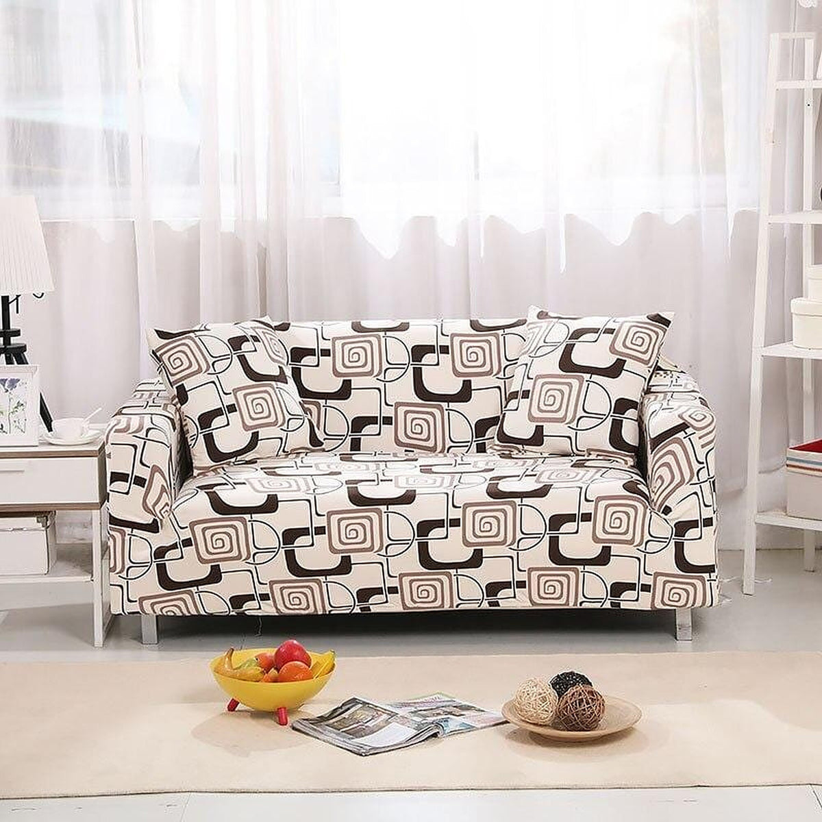 Sofa Cover – Retro Print – Bouclé Sand