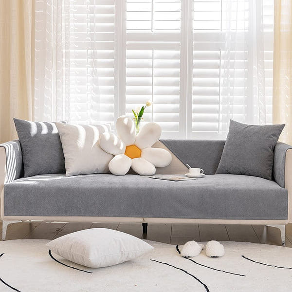 Non-Slip Sofa Cover – Plain Stretch Sectional – Pearl Grey