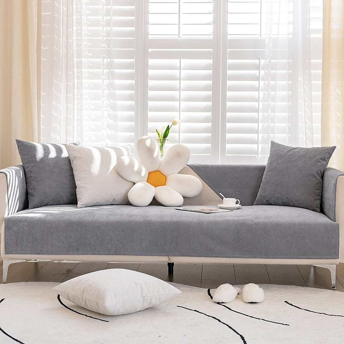 Non-Slip Sofa Cover – Plain Stretch Sectional – Pearl Grey