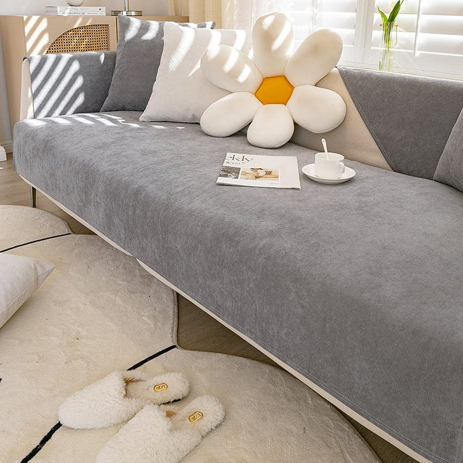 Non-Slip Sofa Cover – Plain Stretch Sectional – Pearl Grey