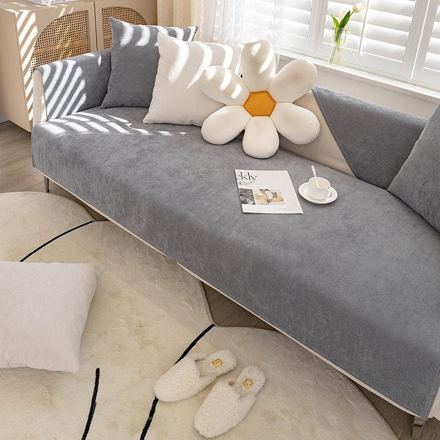 Non-Slip Sofa Cover – Plain Stretch Sectional – Pearl Grey