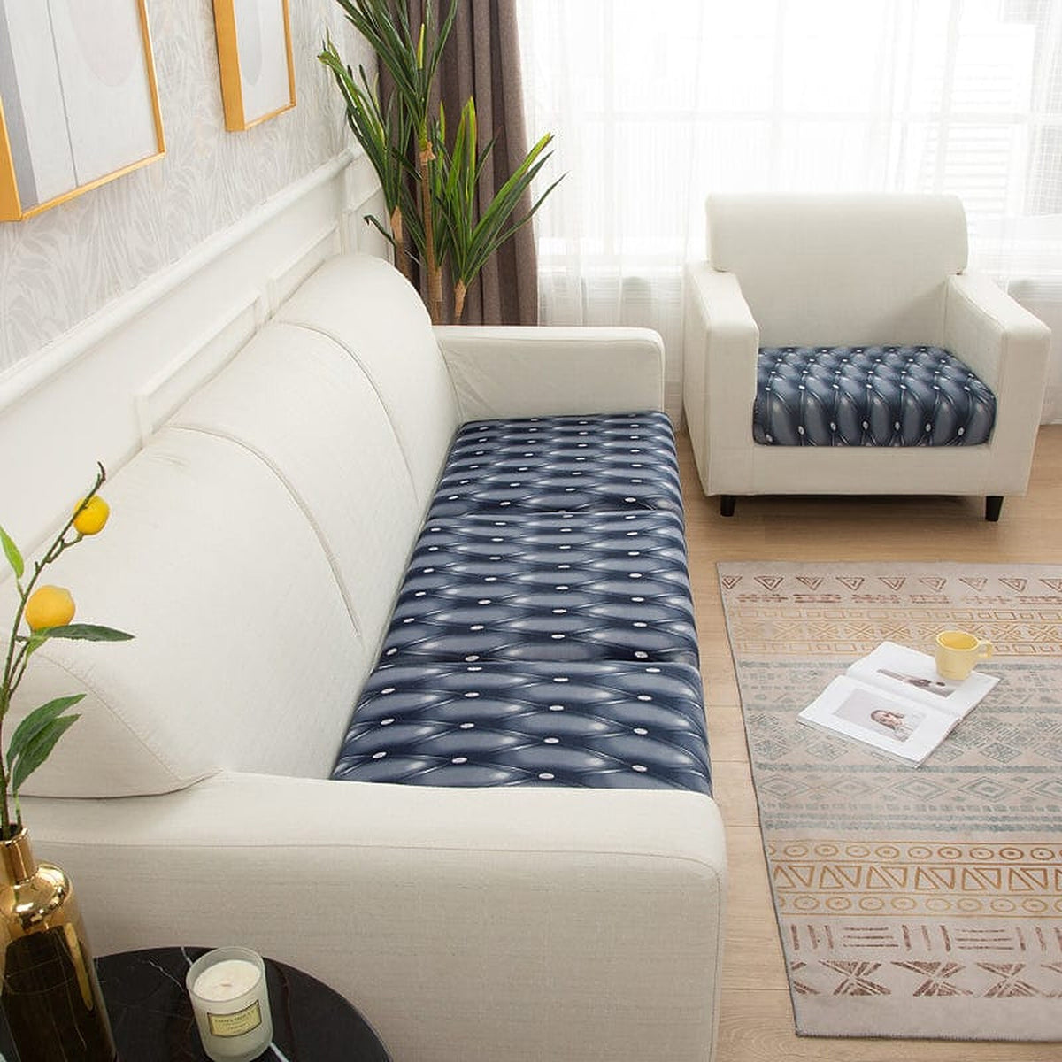 Sofa Cushion Cover – Quilted Leather Look – Midnight Navy