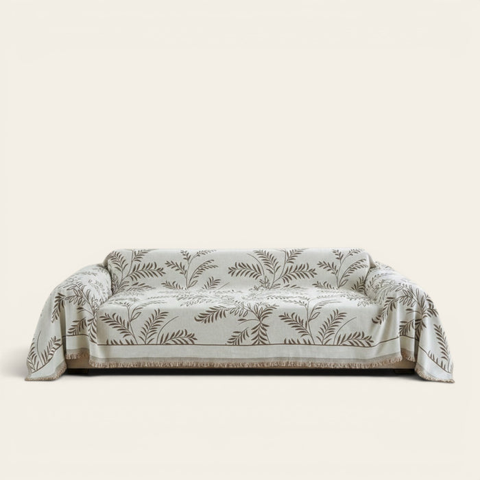 Sofa Throw – Botanical Print – Bouclé Sand