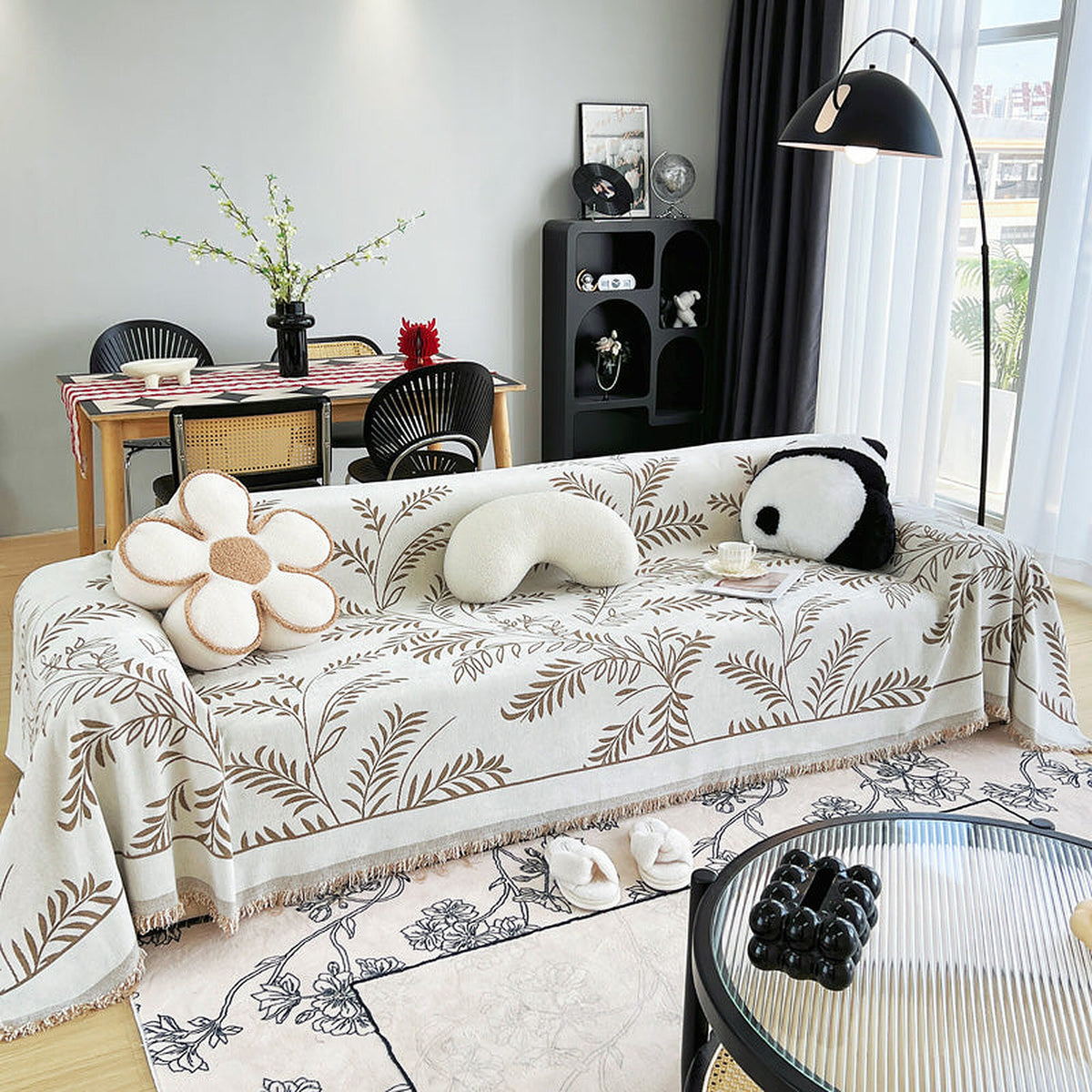 Sofa Throw – Botanical Print – Bouclé Sand
