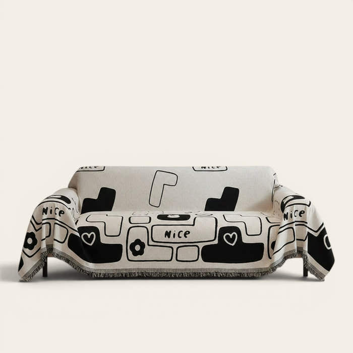 Sofa Throw – Cartoon Print – Ivory Cream
