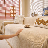 Khaki Corduroy sofa throw covering the arm and seat of a sectional, view 4