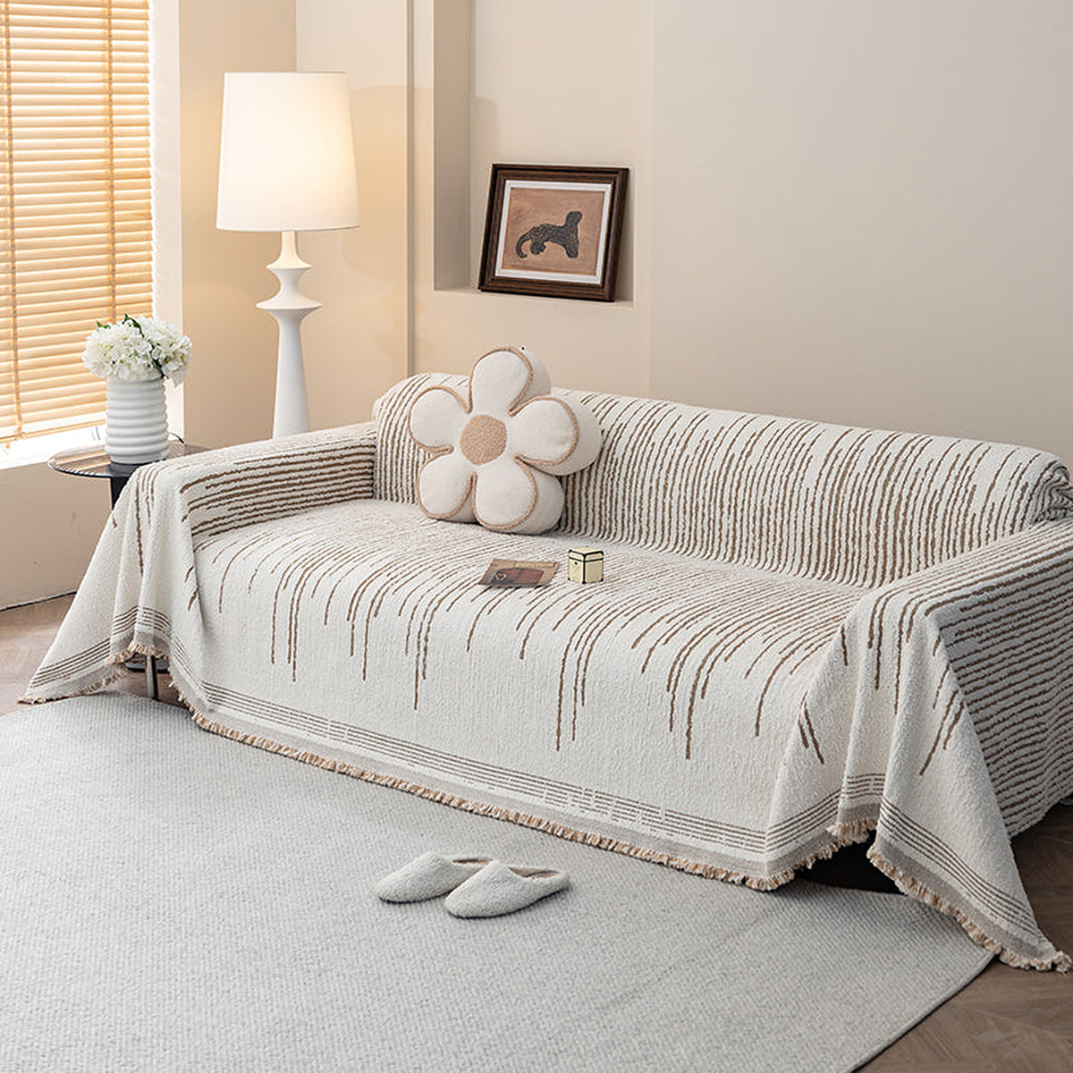 Sofa Throw – Fringed Embroidered – Ivory Cream