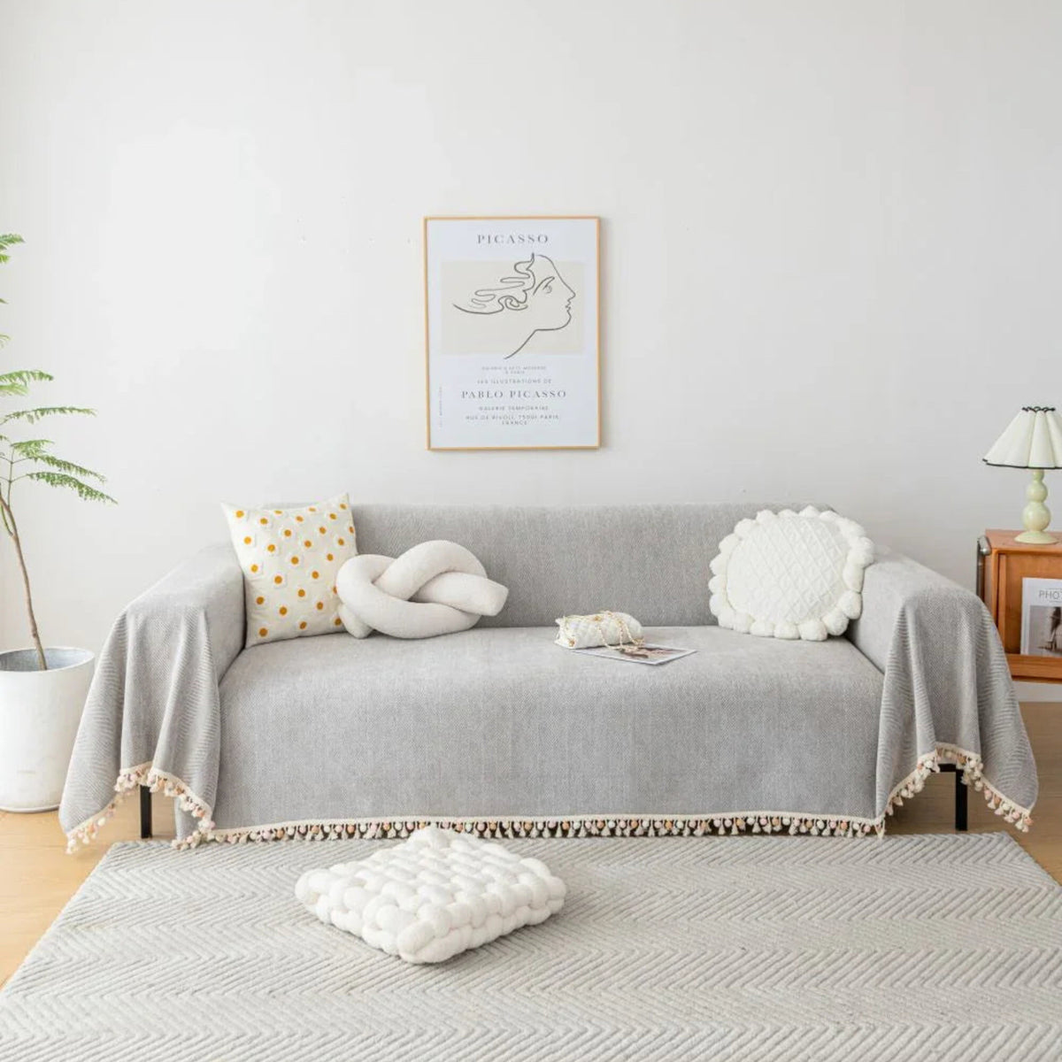 Sofa Throw – Fringed – Pearl Grey