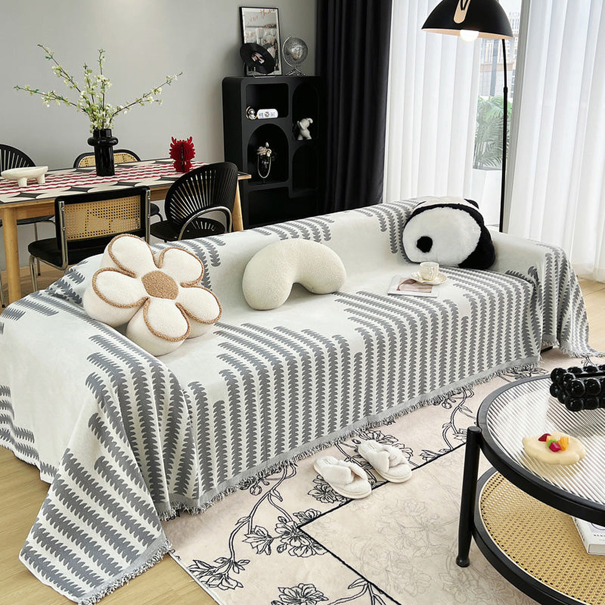Sofa Throw – Striped Knit – Pearl Grey