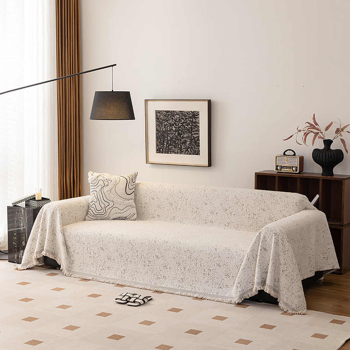 Sofa Throw – Subtle Leaf Print – Ivory Cream