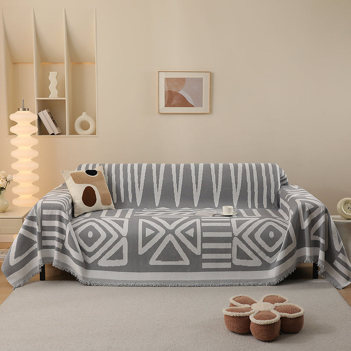 Sofa Throw – Tribal Print – Pearl Grey