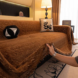 Auburn Brown Velvet Embossed sofa throw seen from the side on a corner sofa