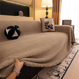 Boucle-Style Sand Velvet Embossed sofa throw styled with cushions on a low-back sofa, view 4