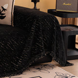 Ink Black Velvet Embossed sofa throw styled with cushions on a low-back sofa, view 3